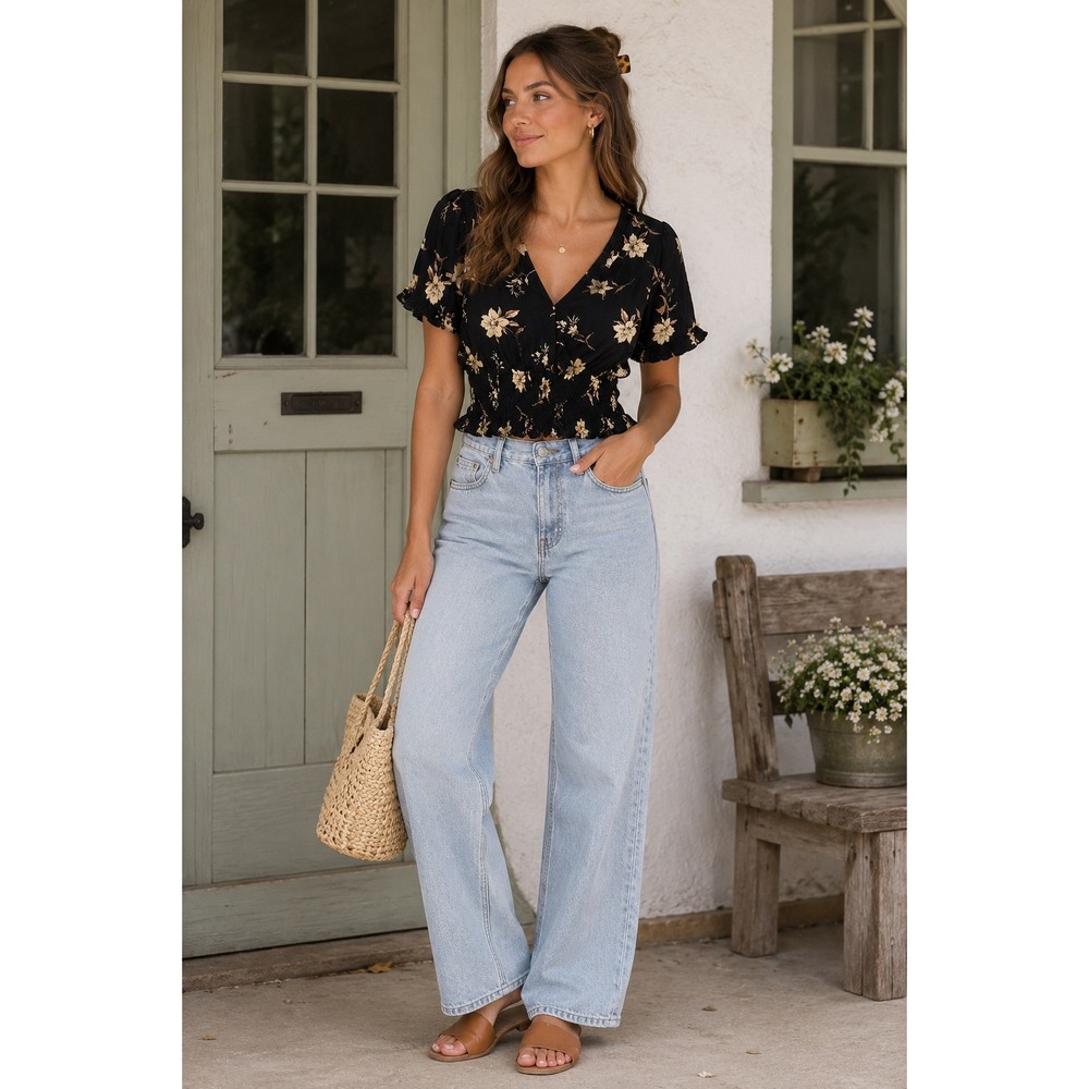 Paper Crane Black Cream Floral Smocked Waist Crop Top Short Puff Sleeve Small